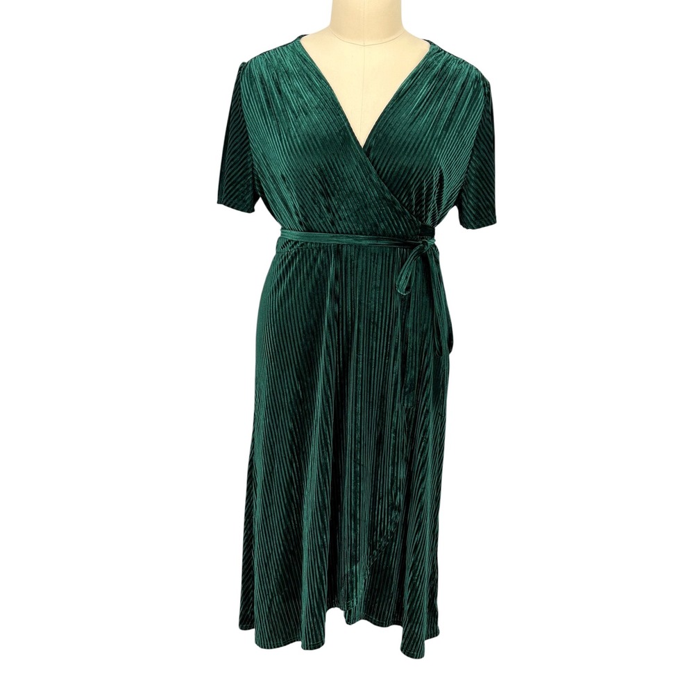 Simplee Plus Wrap Dress Green Pleated Velvet Short Sleeve 4XL
